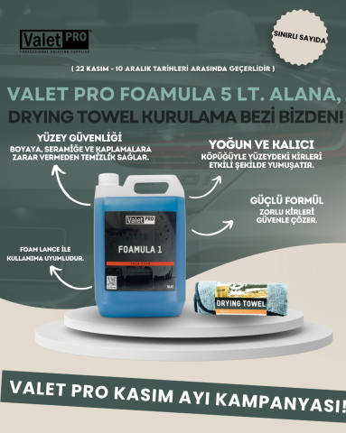 Valet Pro Foamula 1 Ph Neutral Snow Foam 5 Lt / Yıkama Köpüğü + Valet Pro Drying Towel Grey 50*80 / Gri Kurulama Bezi