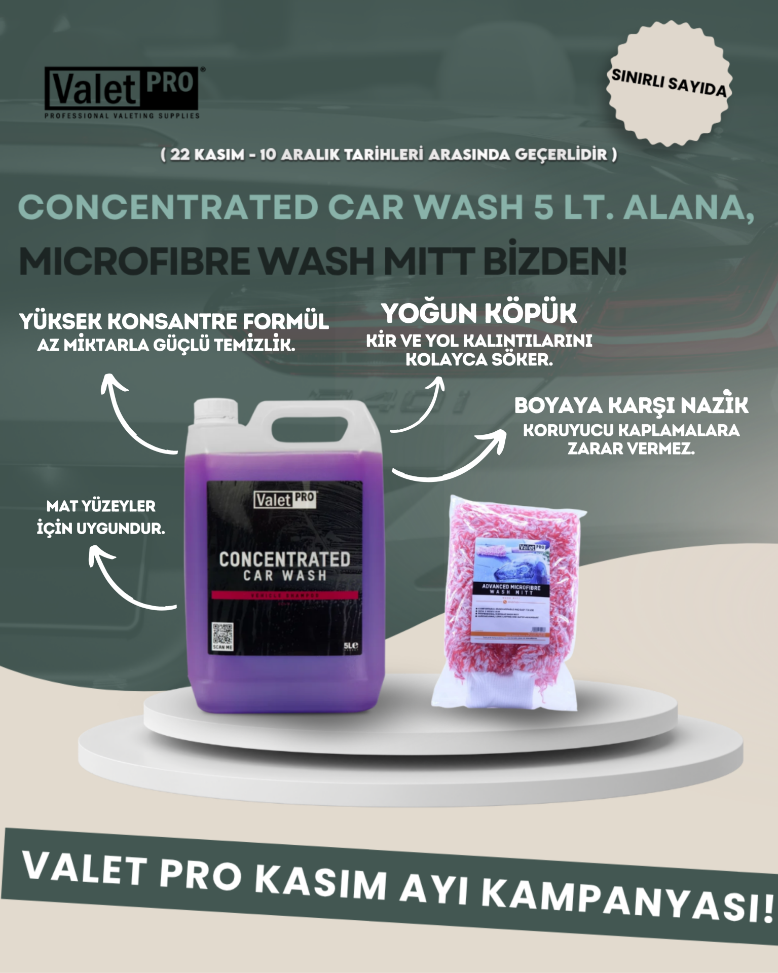 Valet Pro Concentrated Car Wash 5 Lt / Seramik Korumalar için PH Dengeli Konsantre Şampuan + Valet Pro Advanced Microfibre Wash Mitt / Yıkama Eldiveni