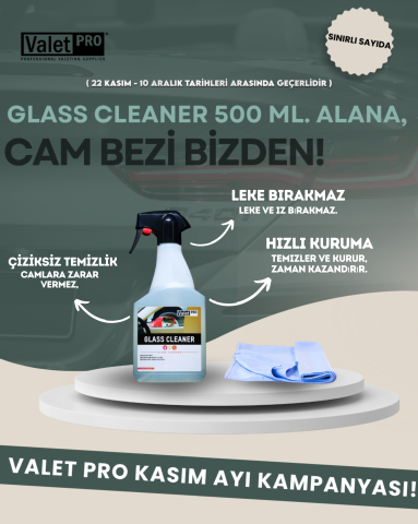 Valet Pro Glass Cleaner 500 ml / Cam Temizleyici + Valet Pro Mikrofibre Glass Cloth 40x48 cm / Cam Silme Bezi